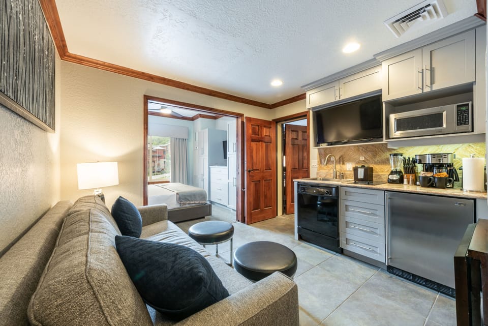 Living room, kitchenette and a king size master bedroom