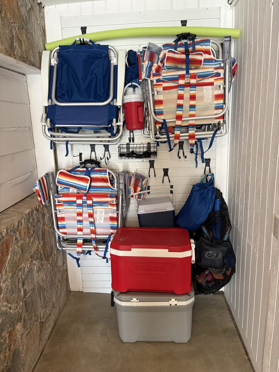 Beach chairs, coolers, lower level