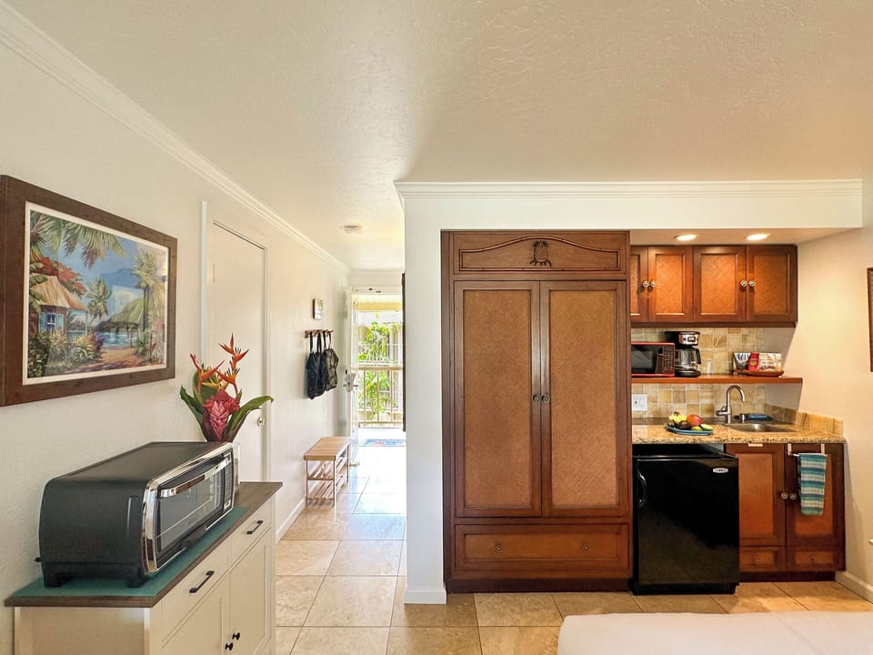Kitchenette with sink, mini fridge, microwave, blender, toaster and coffee maker