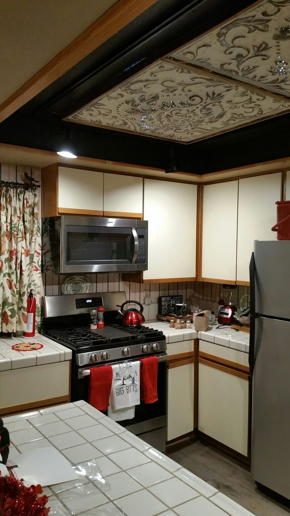 Part ofCharming Kit, recessed tin ceiling pierced holes w light rays beaming thu