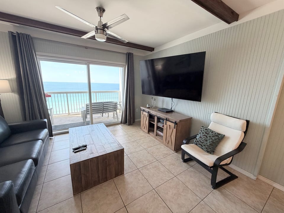 Living room with a 75" smart TV