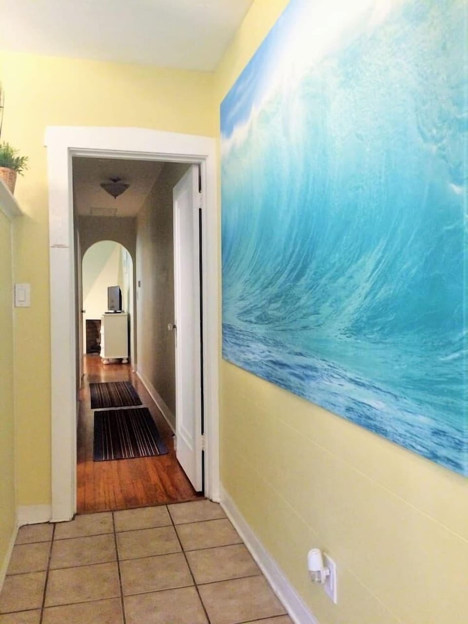 Hallway to bathroom, living room, and bedroom