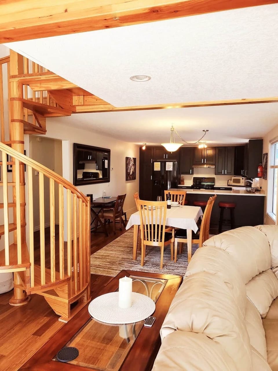 view from living room to dining room and kitchen