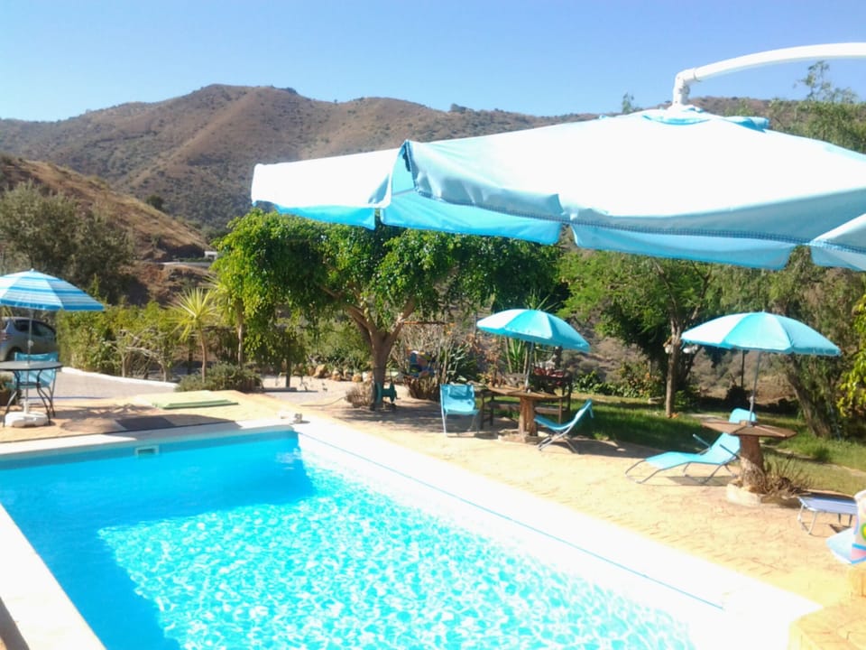 Pool with sun loungers and parasols