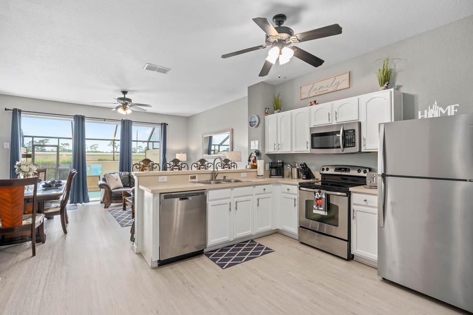 Spacious open-concept living room perfect for relaxing after a day at Disney
