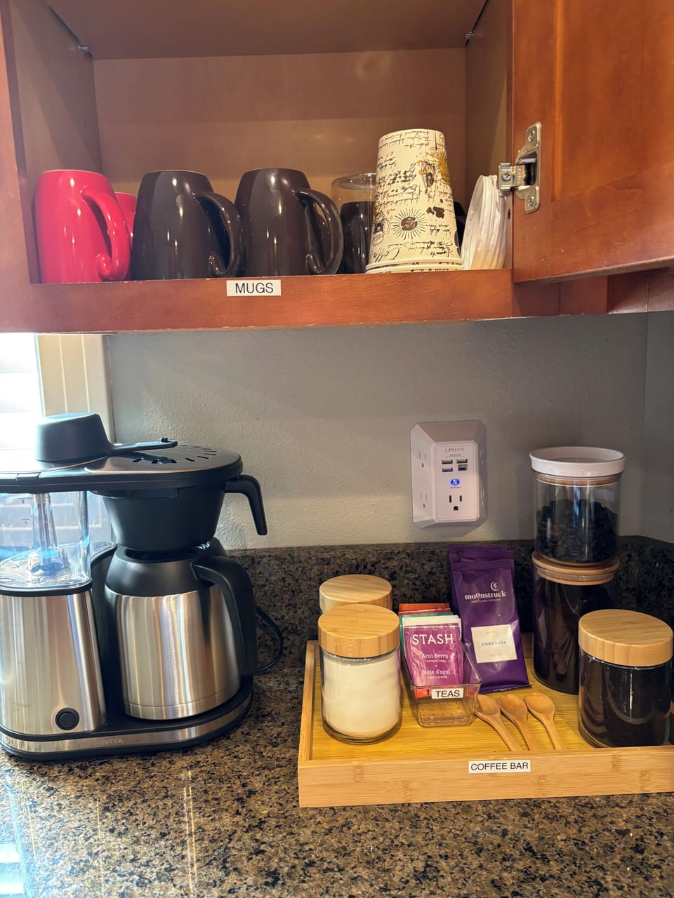 Coffee Bar in kitchen has local tea/coffee along with a pour over coffee maker.
