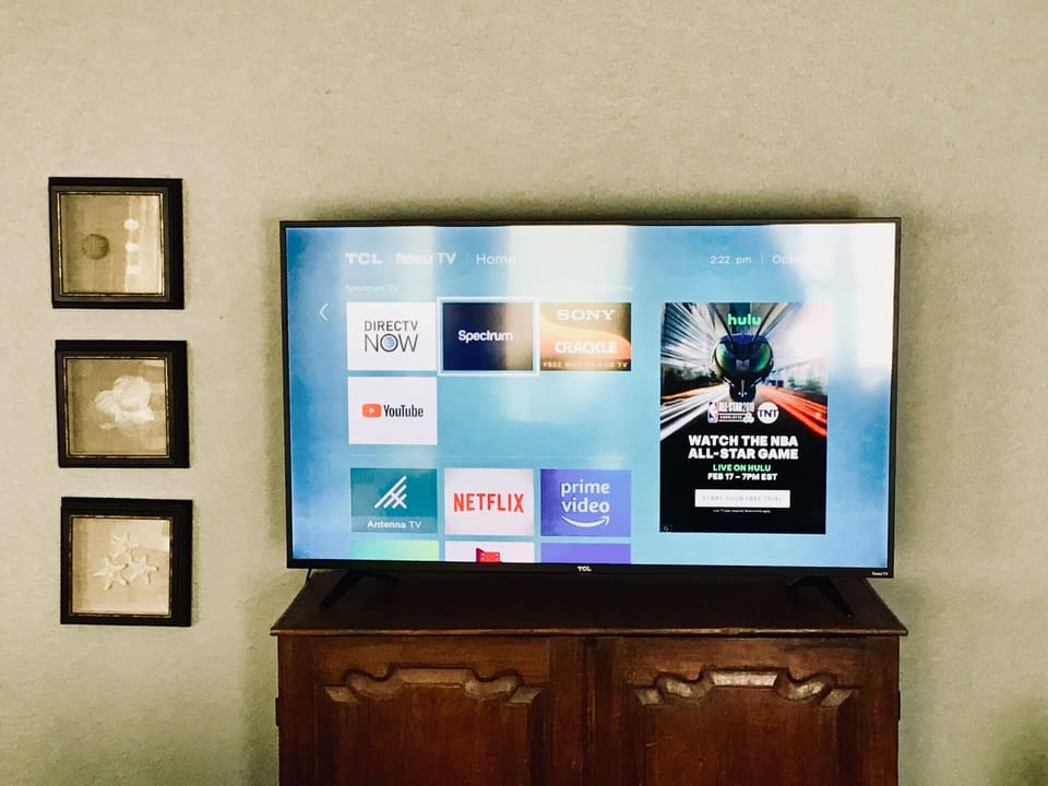 55” Smart TV with UTube TV, Prime, Disney Plus included.