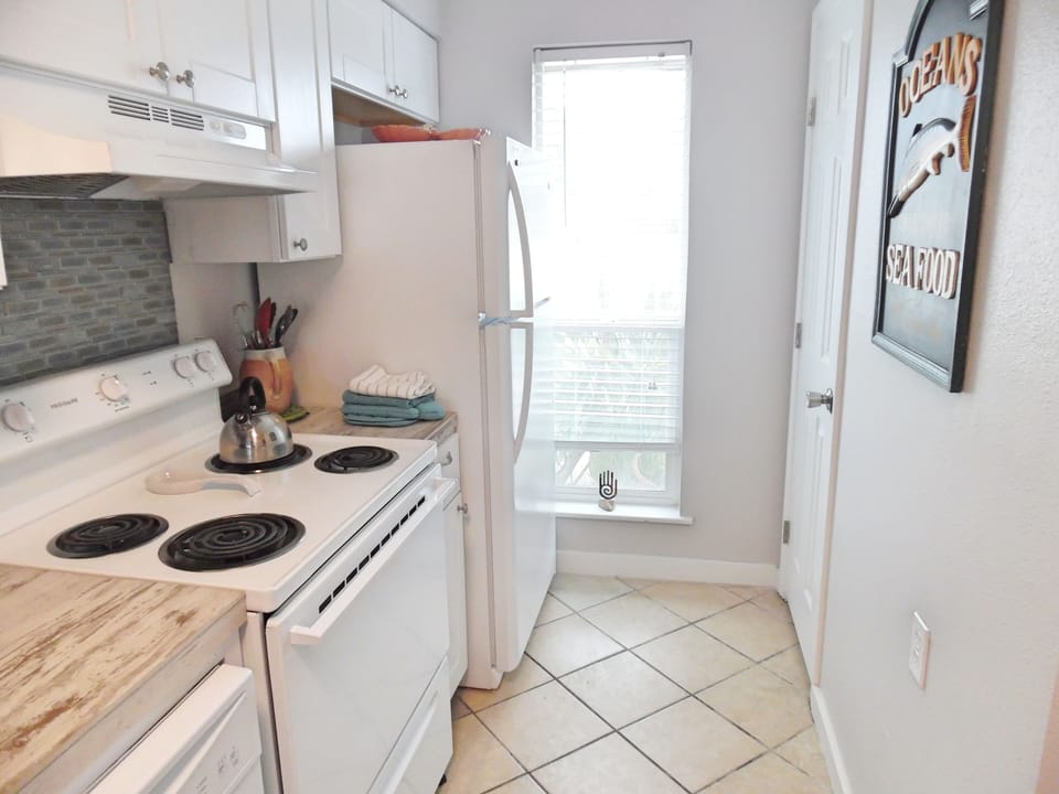 Full sized fridge, electric stove and dishwasher