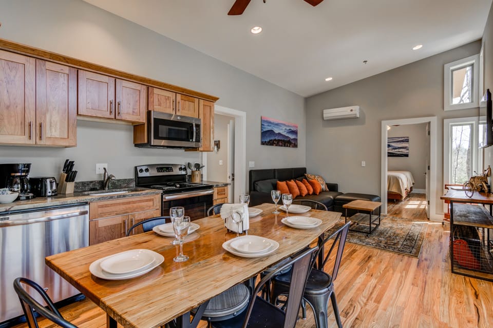 Custom craftsman furniture. Full kitchen. Sectional sofa in living room. HVAC.