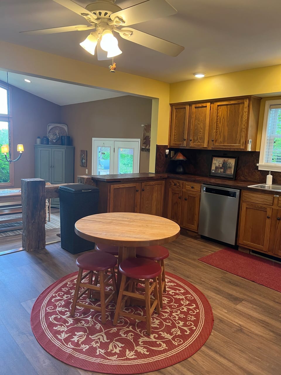 Fully stocked kitchen. Stainless steel appliance Table for kids or snacks 