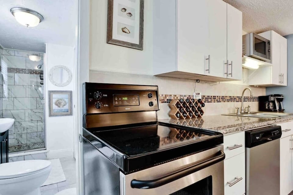 Stainless steel appliances include electric range, dishwasher, microwave & compact refrigerator 