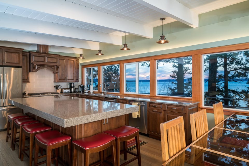 Large kitchen with a beautiful view. 