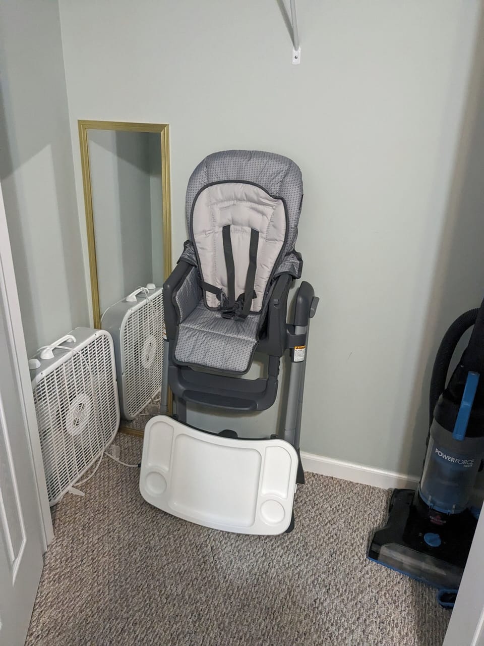 New folding highchair. Stashed in the closet of the downstairs bedroom closet.
