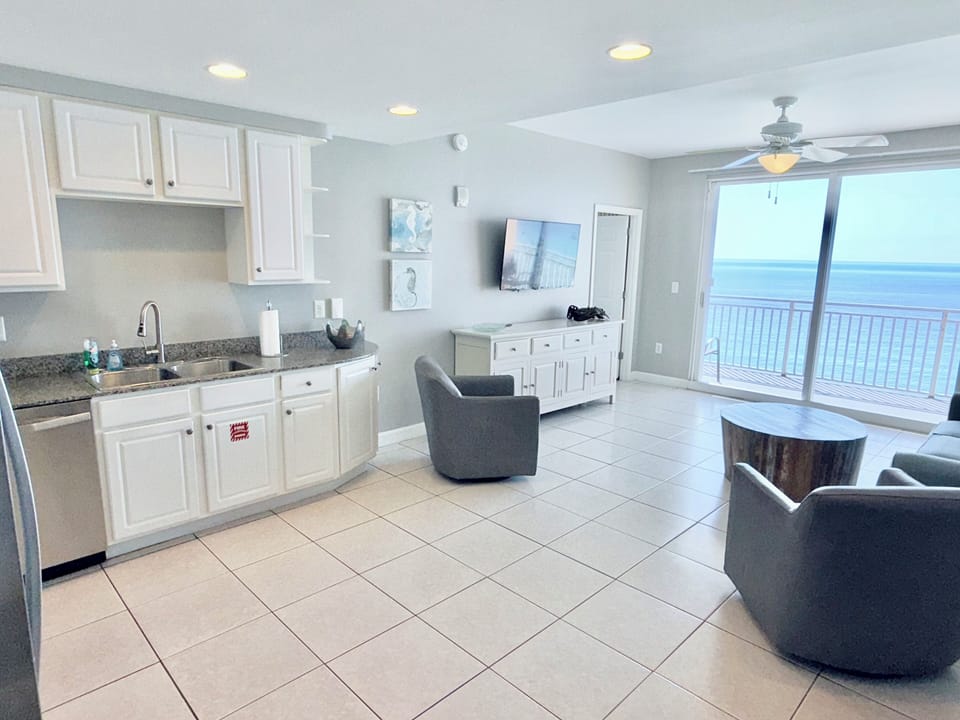 Kitchen and living area with views