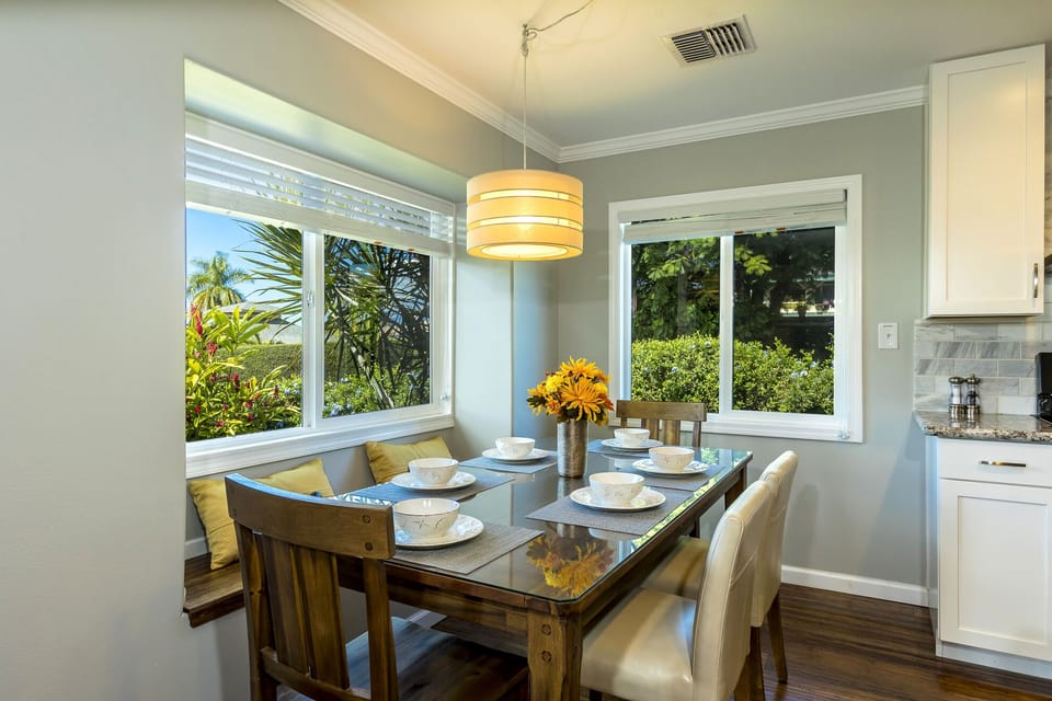Dining table with built in bench and seating for six.