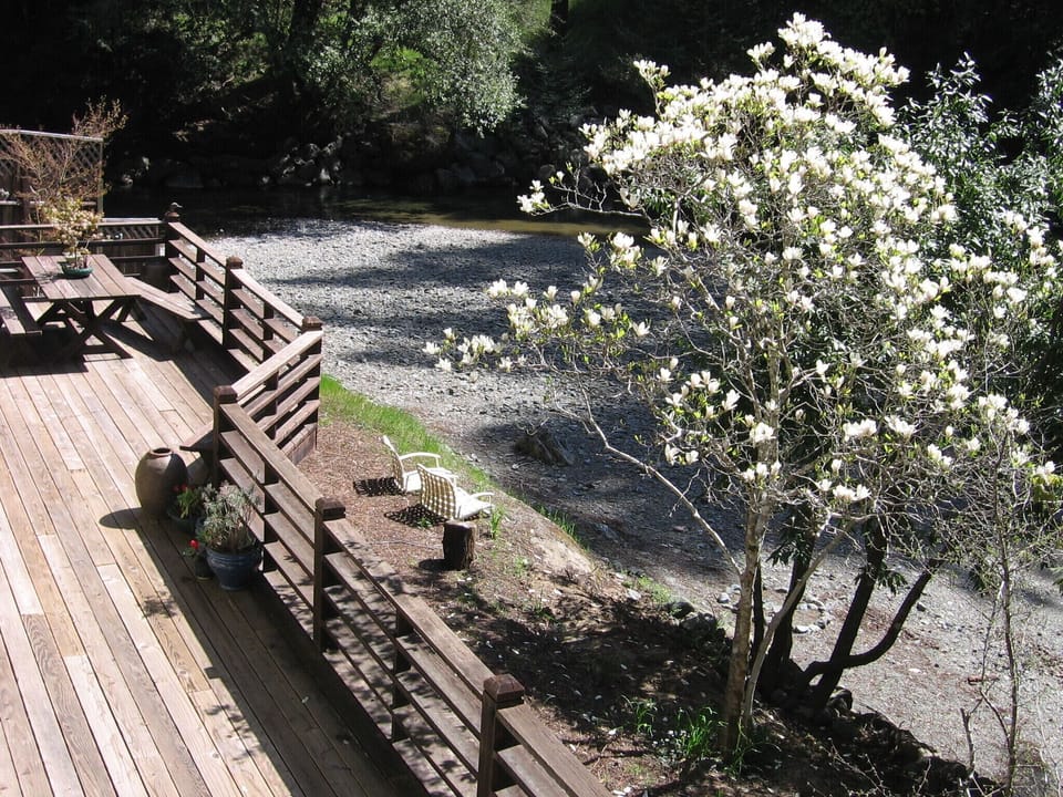 Spacious deck overlooking the beach and creek.