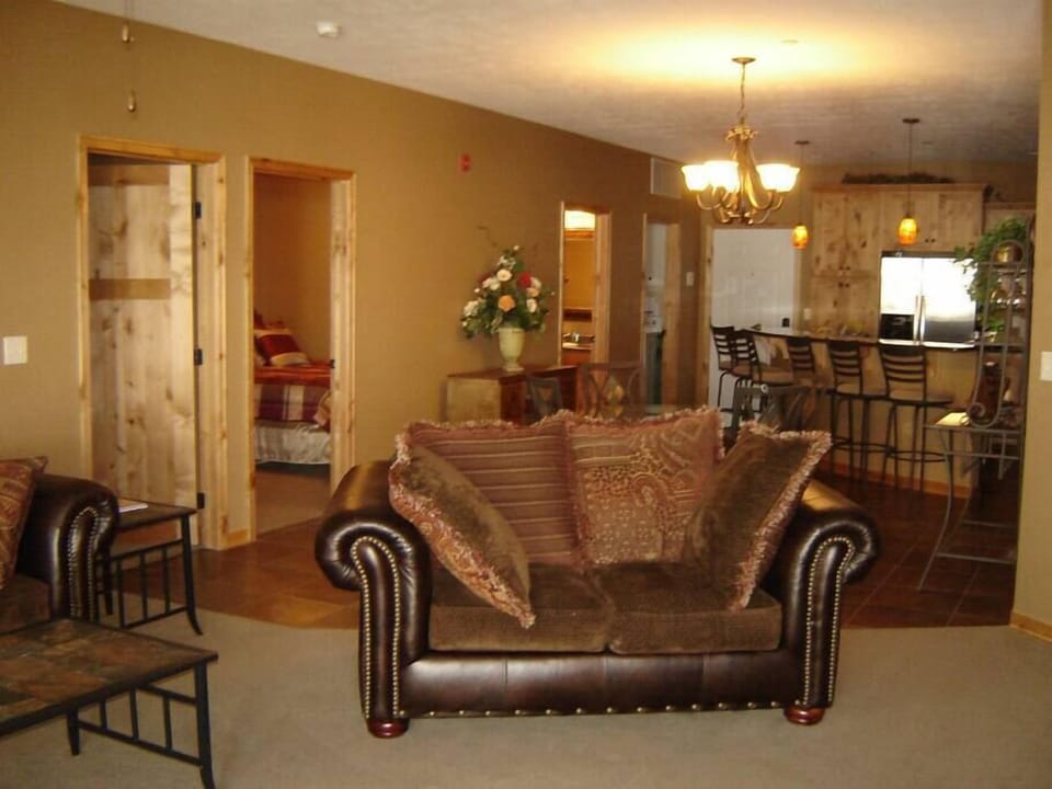 Open kitchen, dining, and family room for socializing.