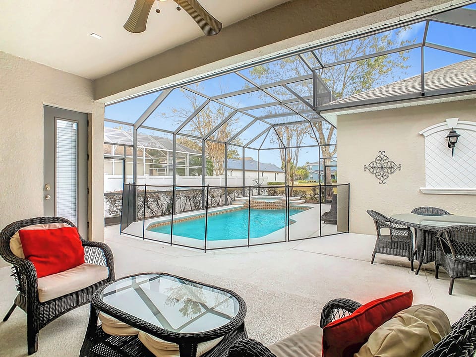 View from seated area to pool