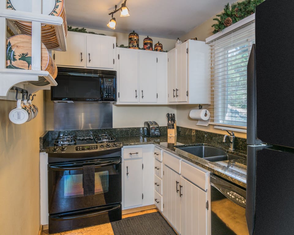 Well stocked kitchen with dishwasher, fridge with ice maker and gas range.