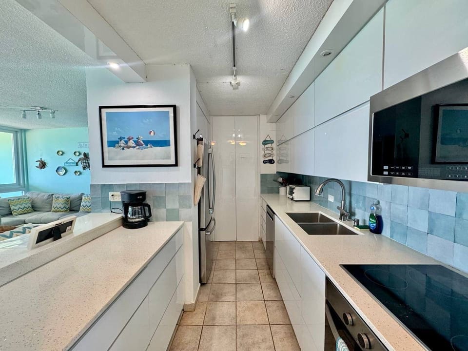 Kitchen with oven, stovetop, microwave, dishwasher, and wash/dryer (closet)