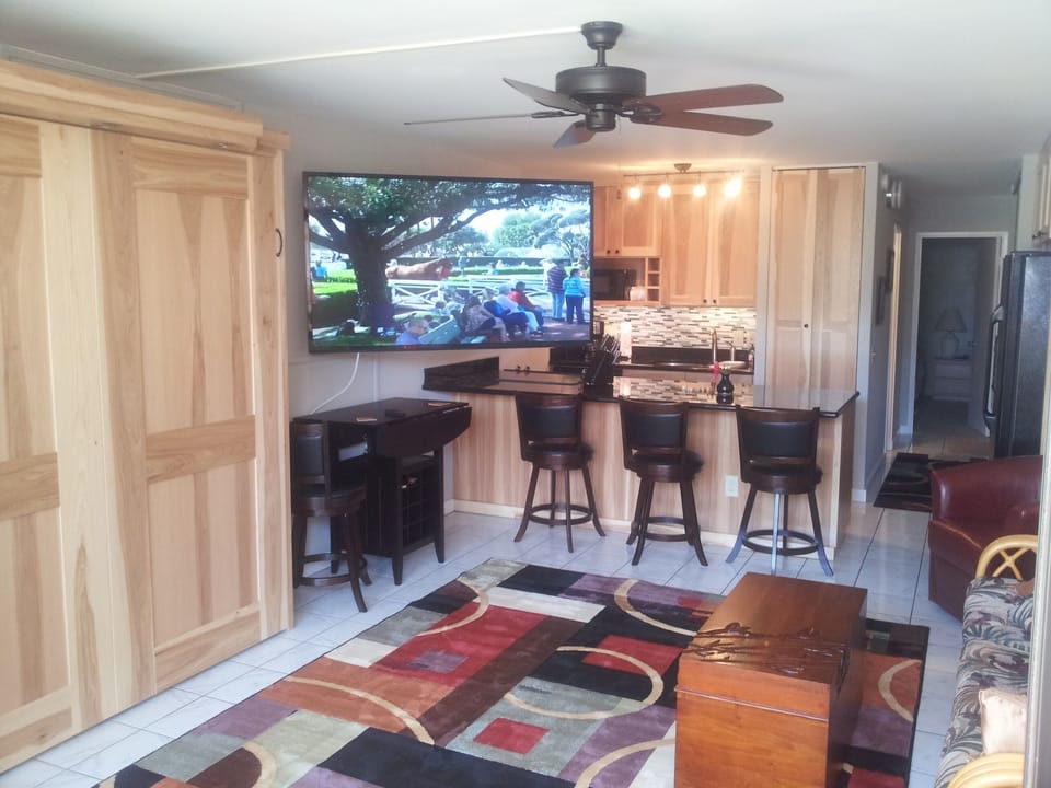70 inch TV. Pulls out & swivels. Watch the big game and still be in the sun!  
