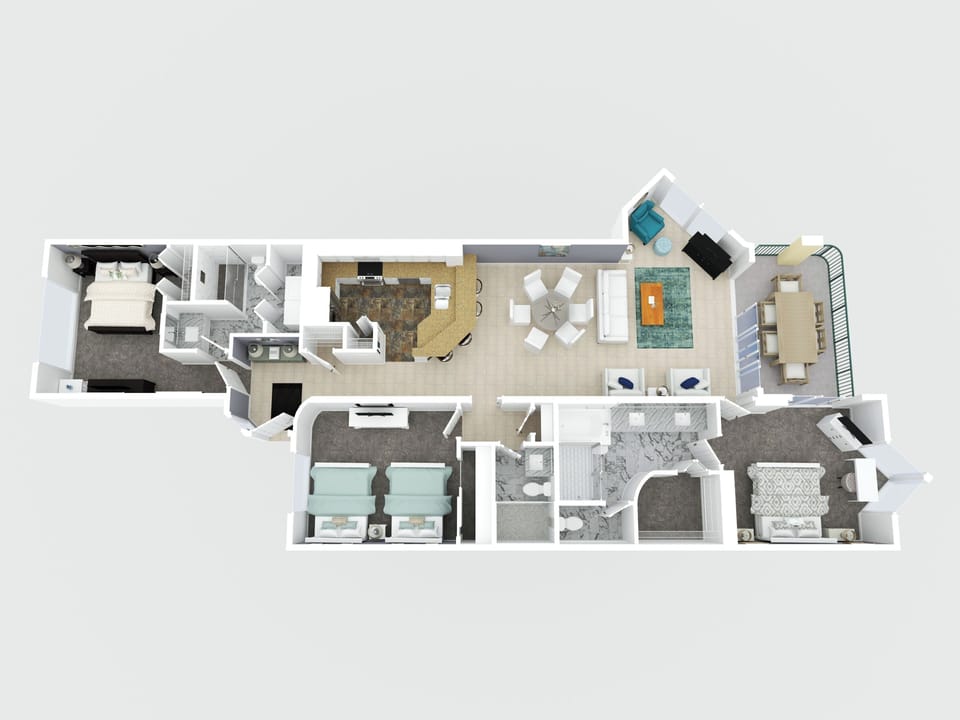 3D Floor Plan - 3 bedrooms, each with it's own bathroom.