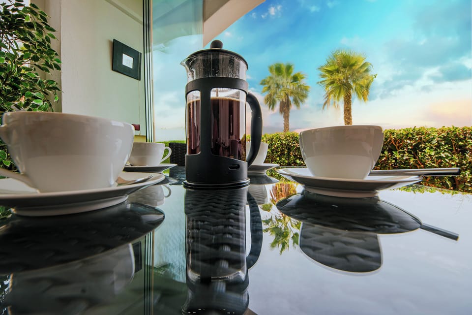 Coffee on the downstairs terrace.