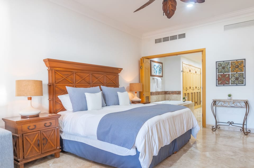 Luxurious bedding in both bedrooms.