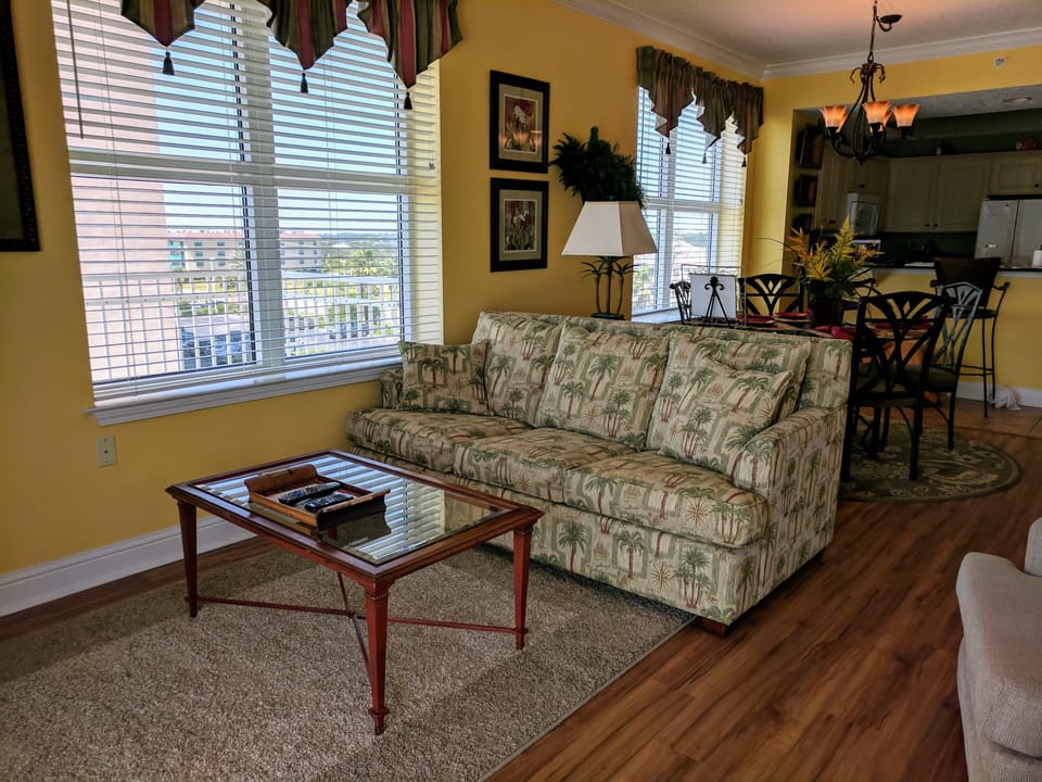 Reverse View - Living Room. Couch has a pull out queen size sleeper.