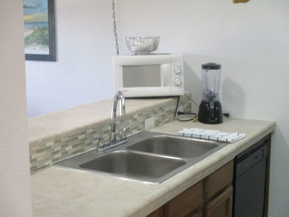 New Counter, showing blender and microwave.

