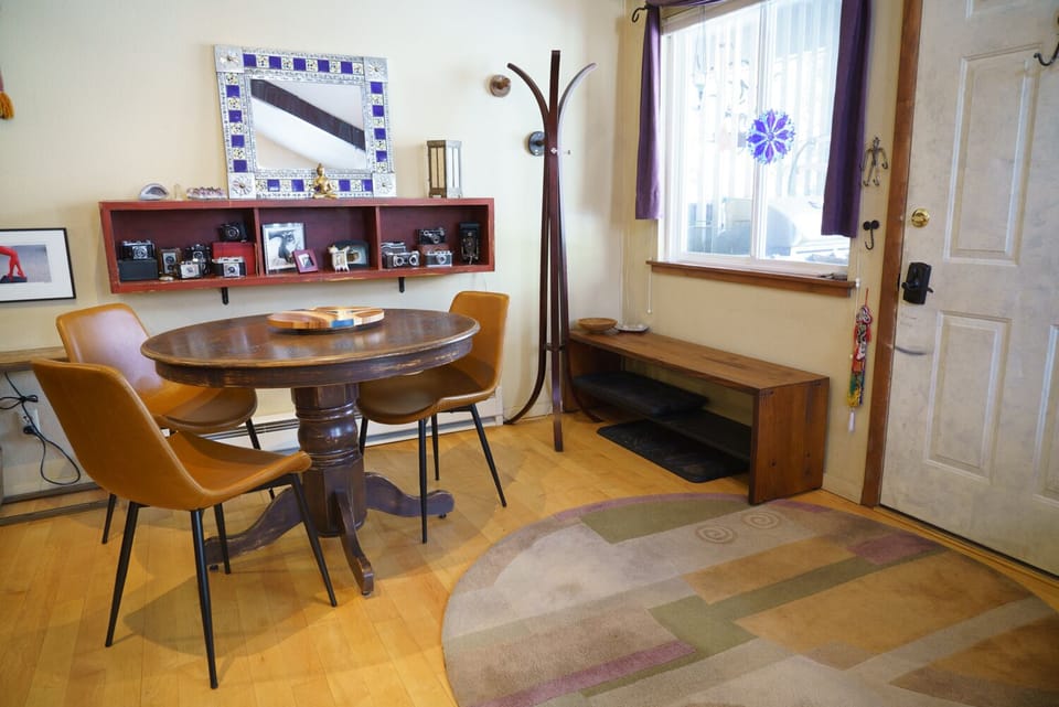 new entry bench. new leather dining room chairs. 