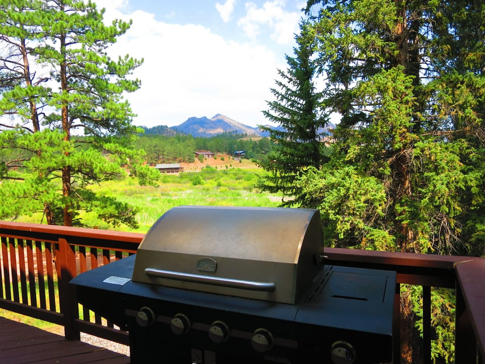 FRONT DECK HAS A GAS BBQ GRILL AND OFFERS A BEAUTIFUL MOUNTAIN VIEW