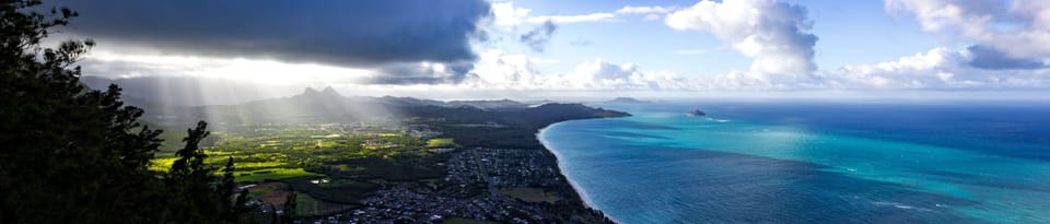 Panoramic shot from the top of the mountain looking down at Waimanalo Beach/Bay