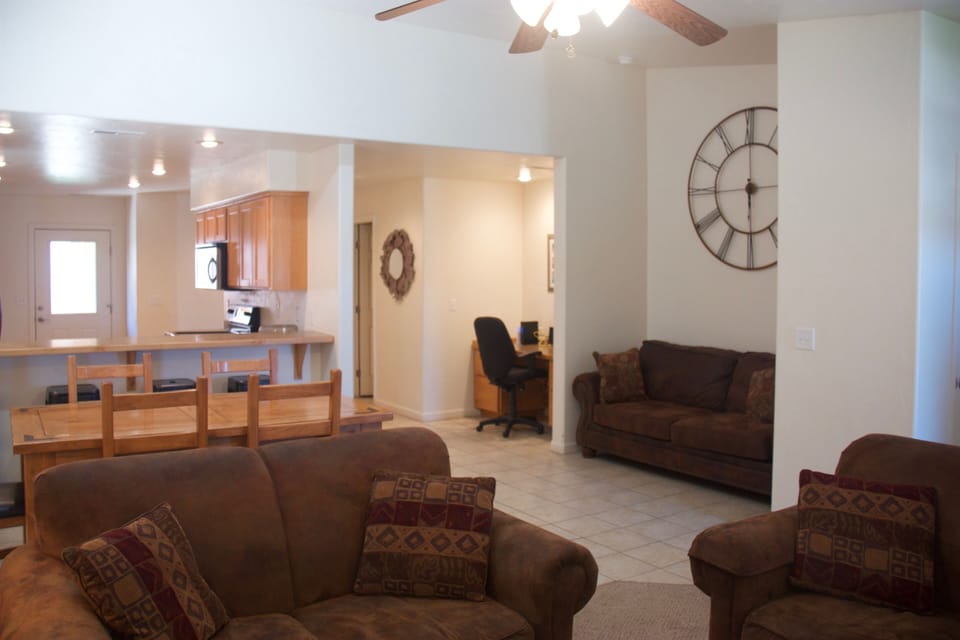 Main open area. Includes living room, dining area, kitchen and pull out couch