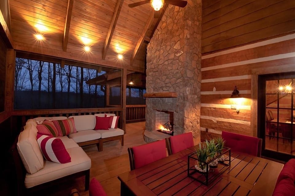 Screened-in porch, outdoor gas fireplace, seating for ten.