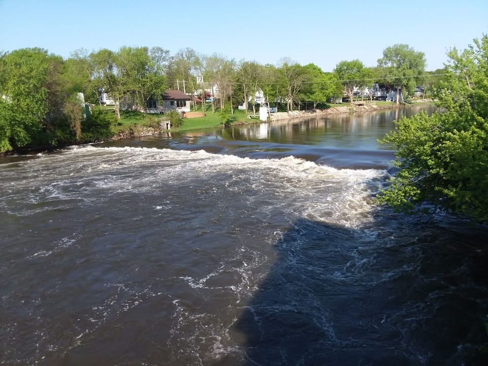 Water over the dam when the river is high.
