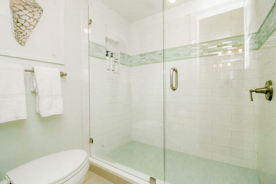 Extra large shower with Tommy Bahama sea glass tile.