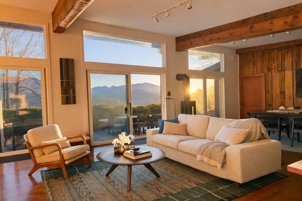 Golden-hour light washes over clean lines and crafted details as mountain views unfold beyond the terrace—an inviting space to gather, unwind, and linger.