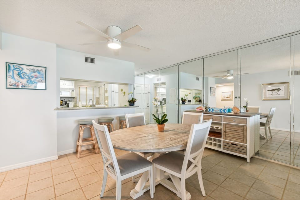 Dining area.  Seating for six plus 3 barstools.