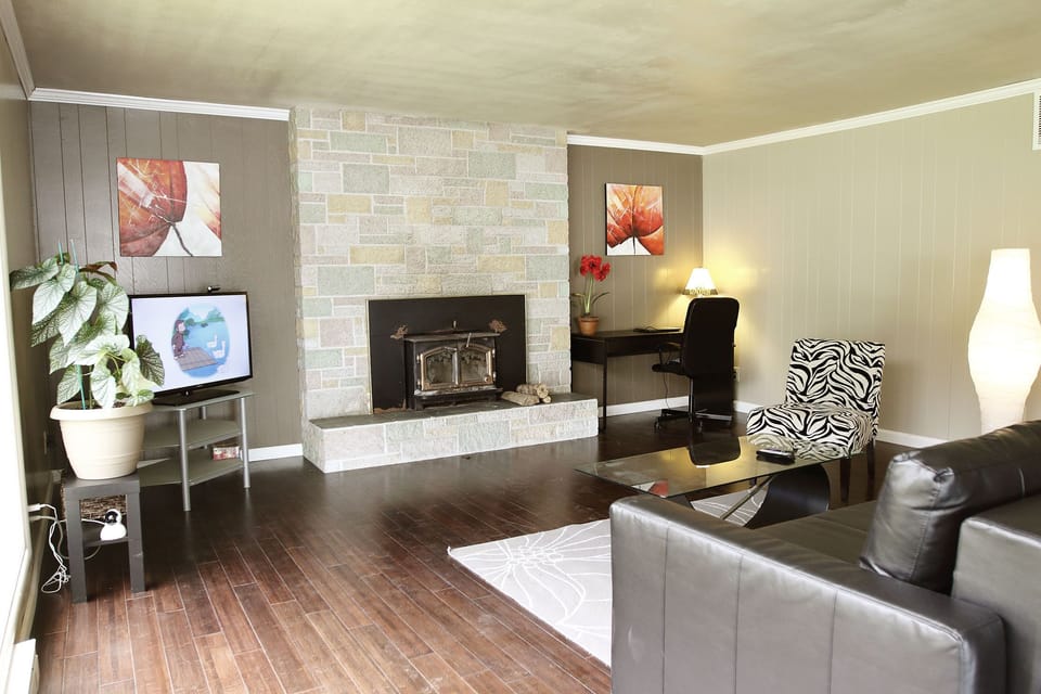 Living space with TV, wood burning fireplace and work space. Free WIFI too!