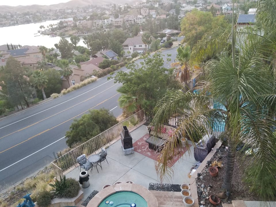 View of North most Patio, BBQ, Jacuzzi; Canyon Lake Bass Cove in Sierra Park. 