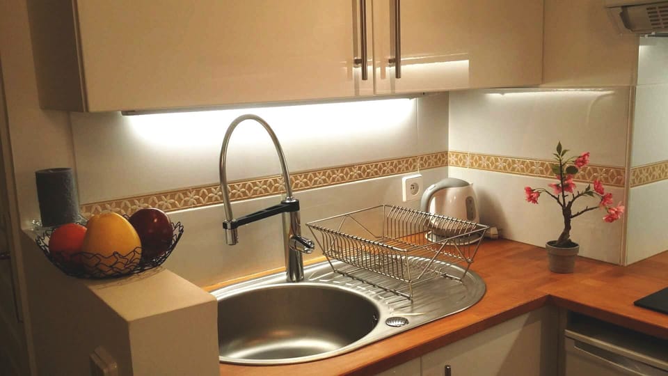 Sink, toaster on wood panelled worktop, cupboard