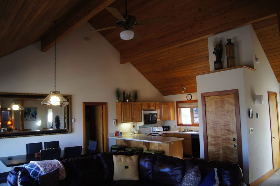 Open concept great room, chandelier has since been replaced
