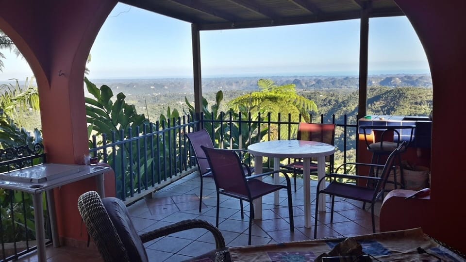 T outdoor relaxing area has tables, chairs, fireplace and charcoal grill