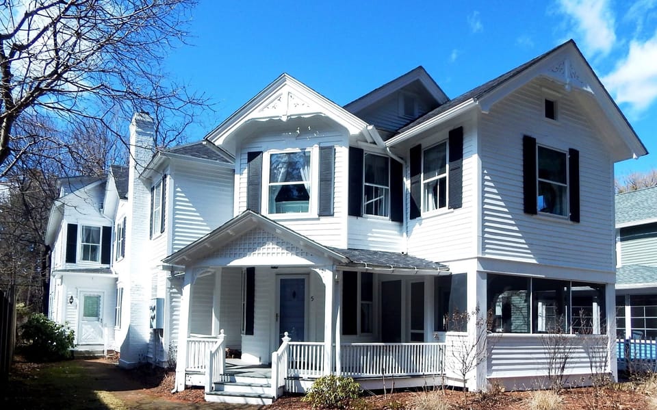 Blue door - entrance to the front house.  Walkway on left leads to back house.