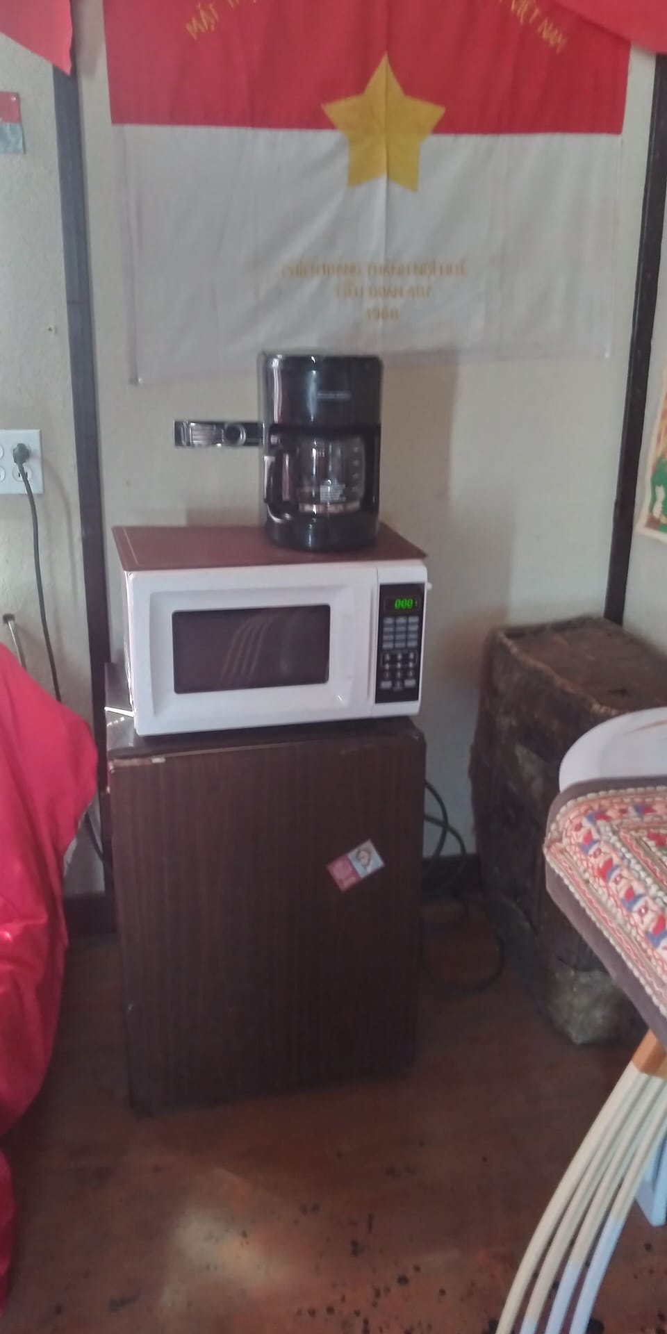 living room ,mini fridge, microwave, coffee maker