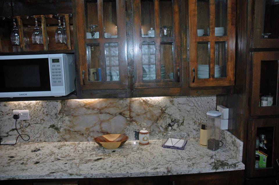 Contemporary kitchen features granite counters