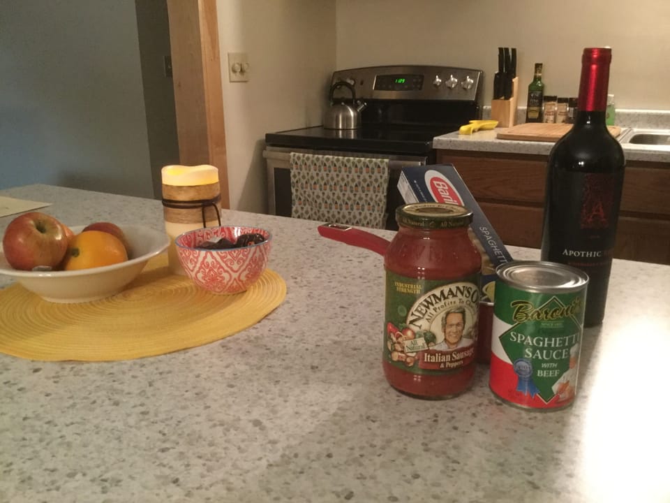 Included, fixings for a pasta meal with a local favorite, Baroni's meat sauce.