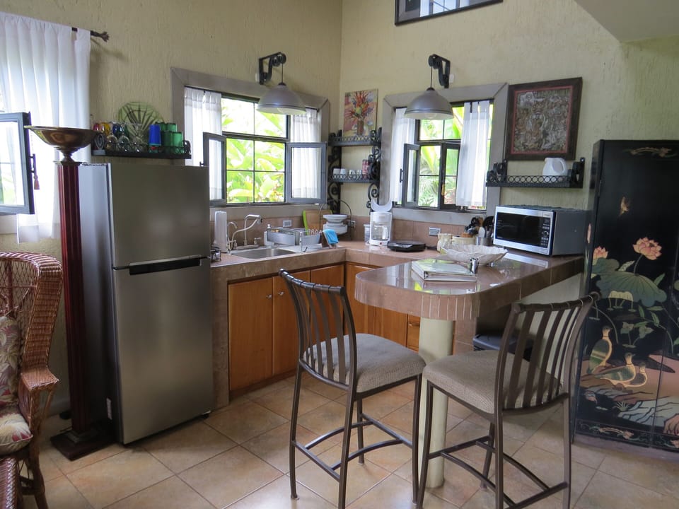 Kitchen with full size refrigerator and 2 NuWave cook tops

