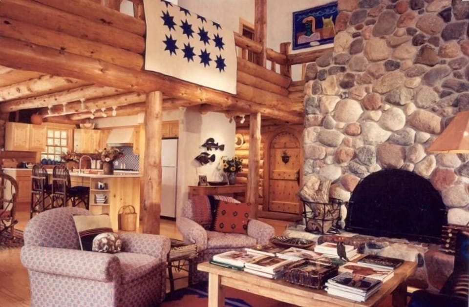 Great Room With 30 Ft. Natural Stone Fireplace & Adj. Gourmet Kitchen